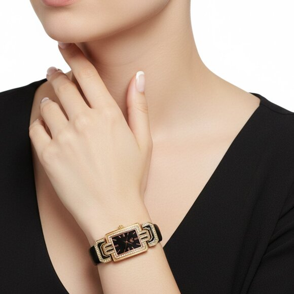 Disney Parks Mickey Mouse Analog Watch Art Deco Gold Black Leather Rhinestones - Picture 2 of 14